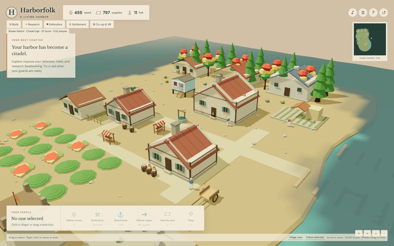 A working Harborfolk town with placed buildings
