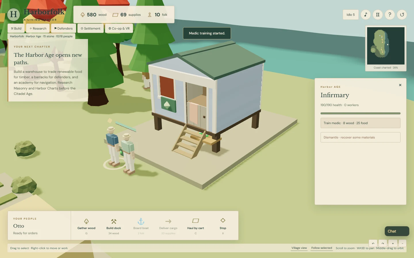 The Harborfolk Infirmary with a medic and villager outside