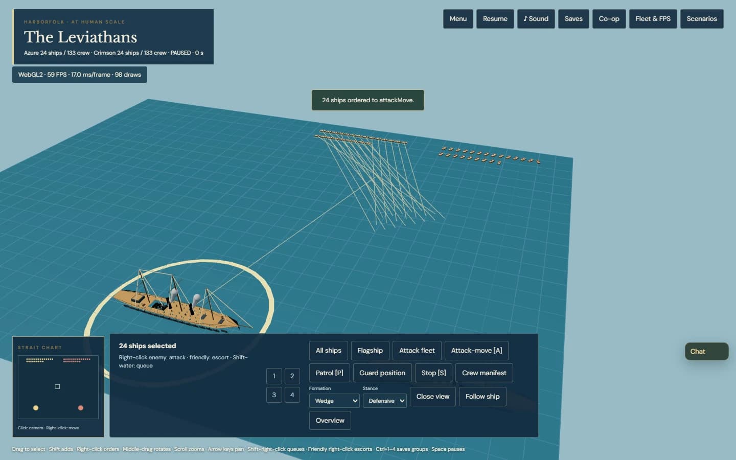 Full-size ships with wedge formation route lines and tactical command controls