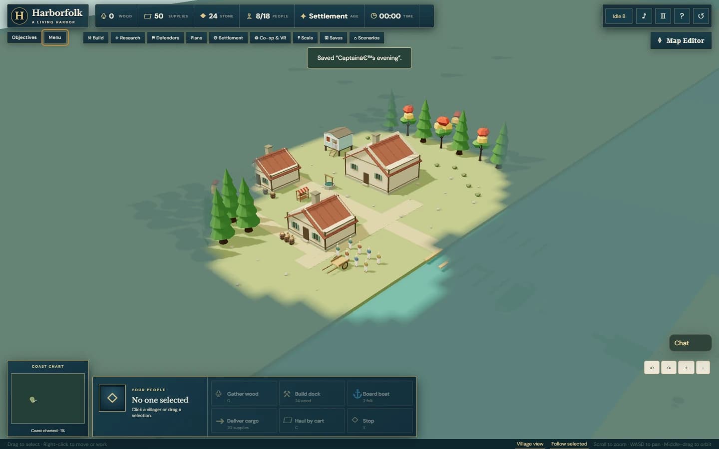 Harborfolk village with compact resource bar, minimap, selection card and command grid