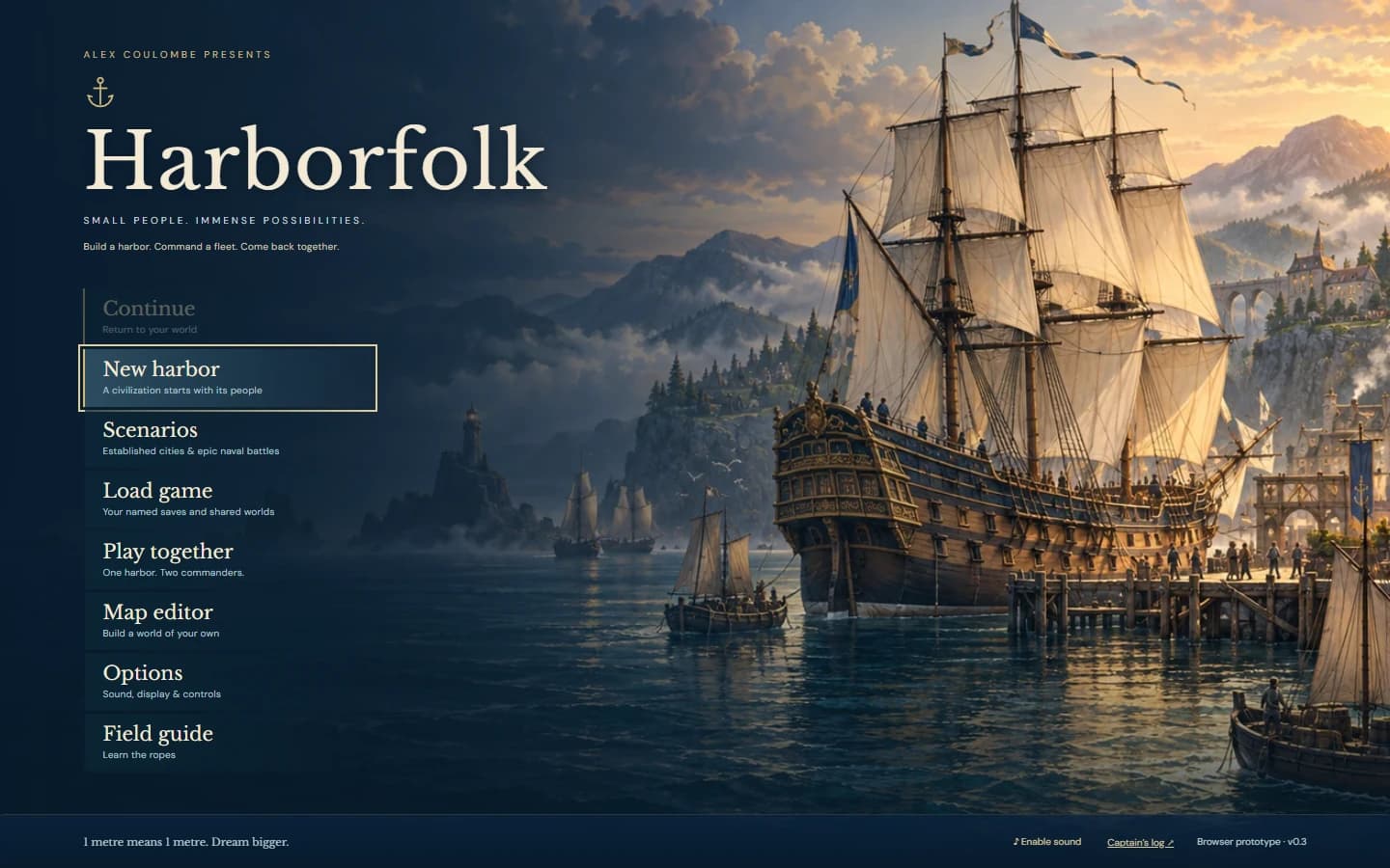 Harborfolk title menu over original dawn harbor illustration with a huge sailing ship