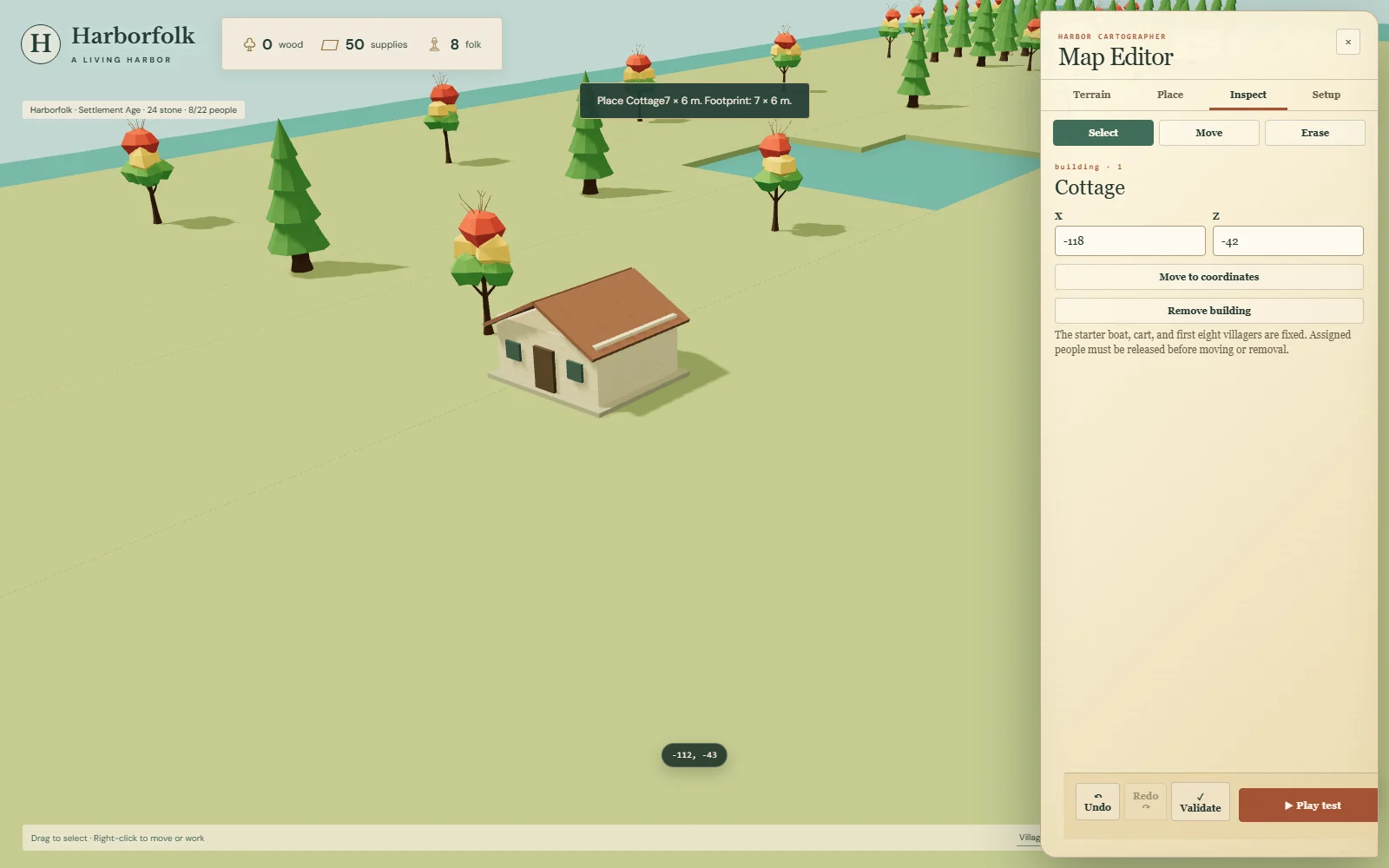 A full-size cottage selected in the Harborfolk map editor with coordinate controls