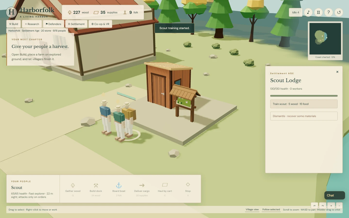 Harborfolk's Scout Lodge built from a Polyfork shed and trail-map kiosk, with a newly trained scout