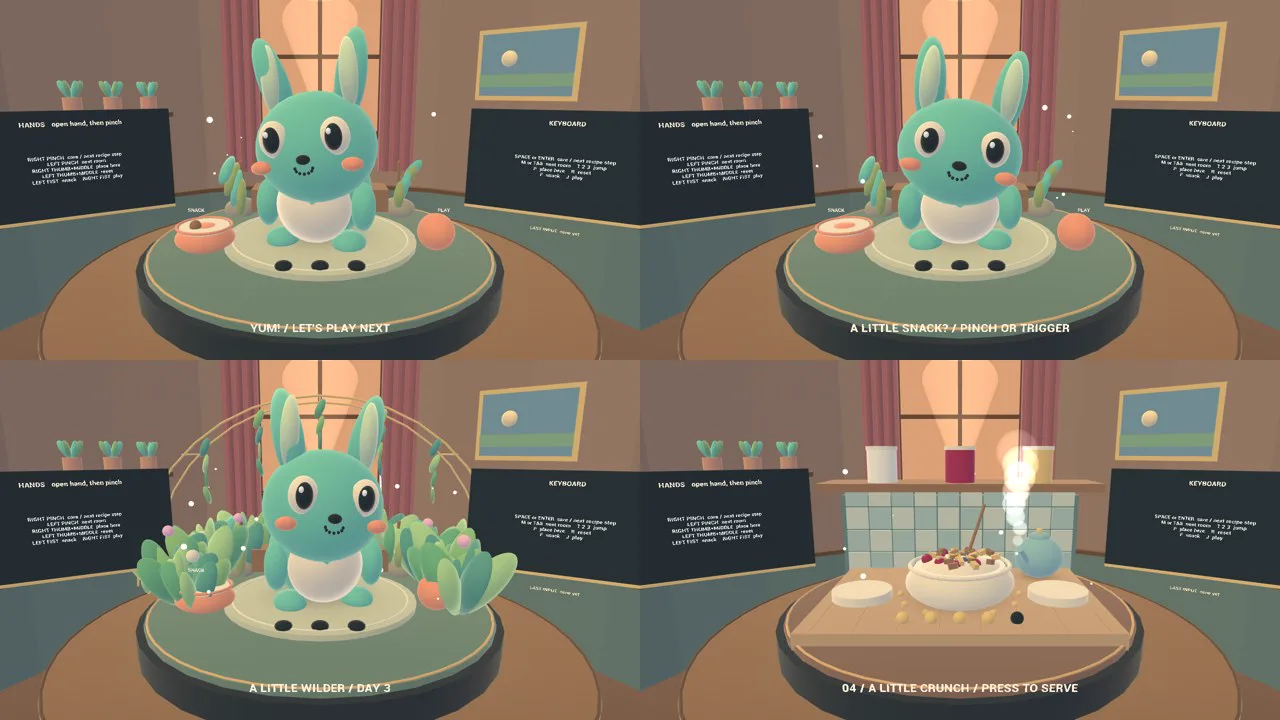 Four mobile-preview frames of Creature Home showing a mint-green creature, a fuller garden and a kitchen bowl with steam