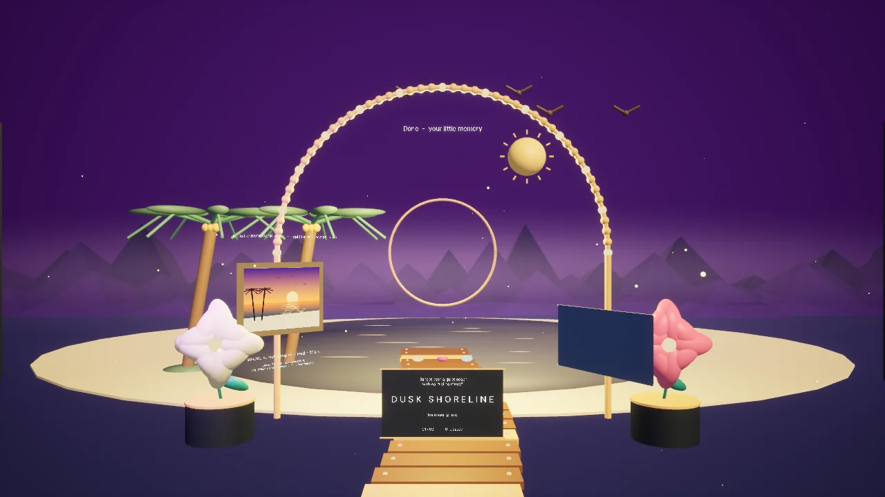 A stylized palm and sun assembled from primitives on an oval beach stage