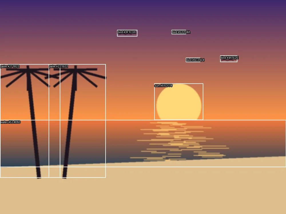 The same sunset with recorded cloud detections around palms, the sun, water and birds