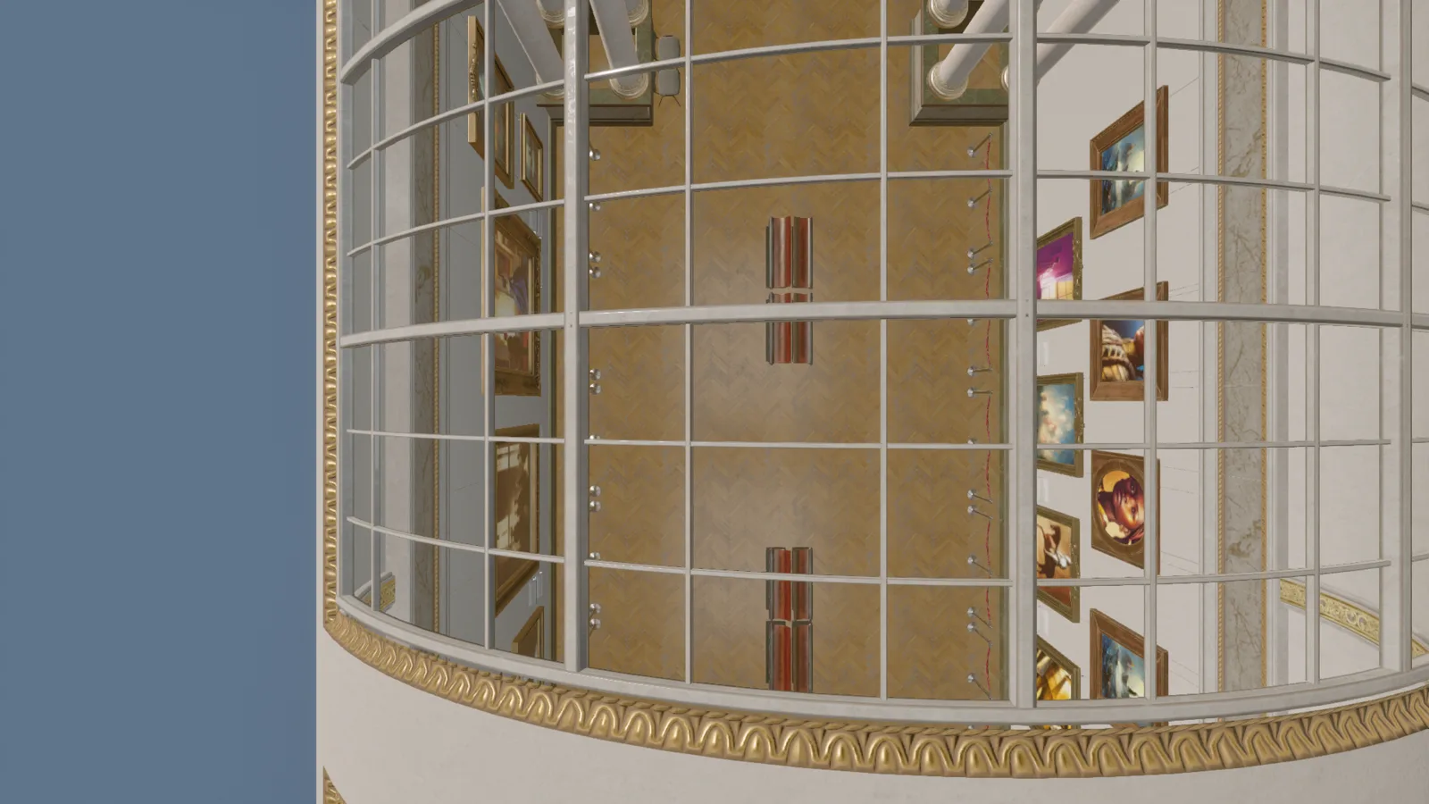 A distorted, tilted view along a curved metal-and-glass railing, looking down through gridded panes at a herringbone floor and a wall of small hung paintings far below.