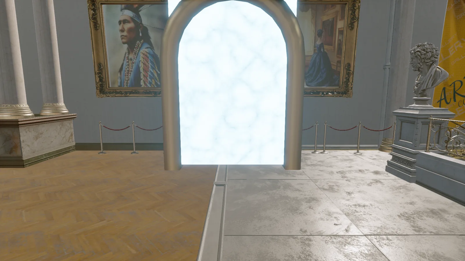 A free-standing bronze, arched doorway frame filled edge-to-edge with a glowing white marble-veined panel, standing on the gallery's parquet floor between two portraits.