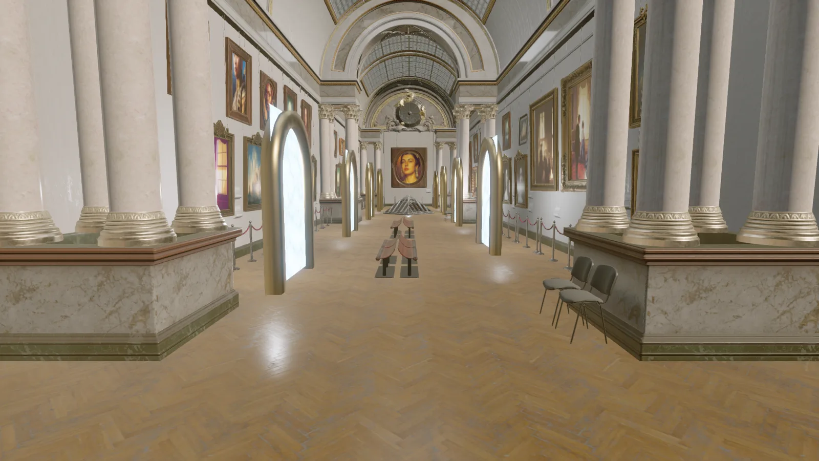 A long museum hall viewed down its center aisle, with two glowing bronze portal arches standing along each side wall among the hung paintings, benches and chairs in the middle of the floor.