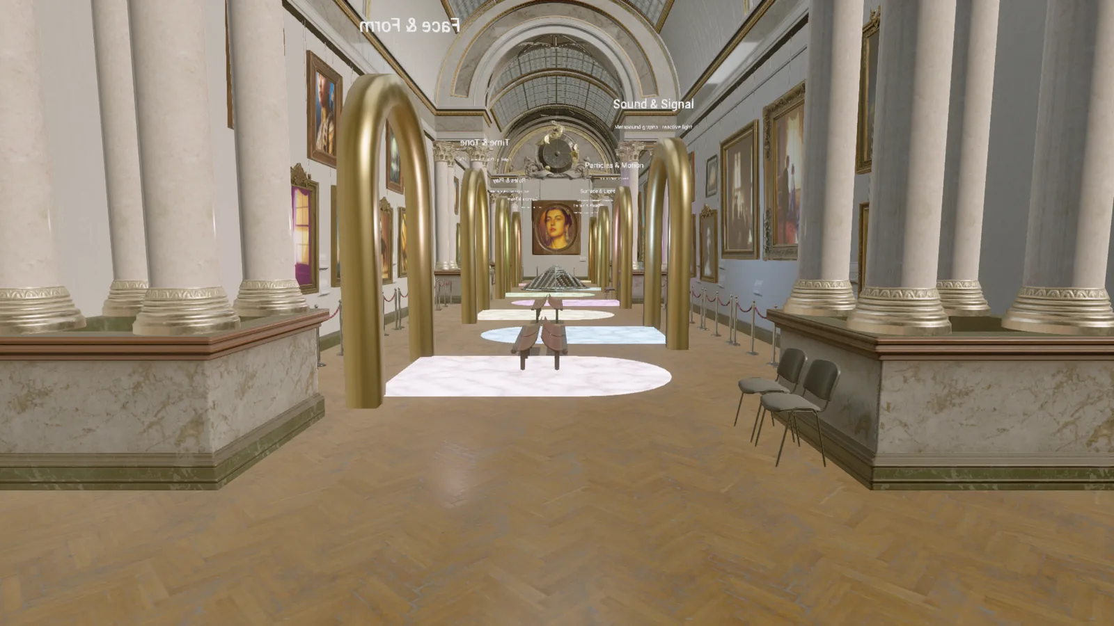 The same portal-lined hall, but each archway now casts a flat colored oval of light lying on the floor and ceiling instead of a glowing upright doorway face, and the floating text labels above the arches read backwards and upside down.