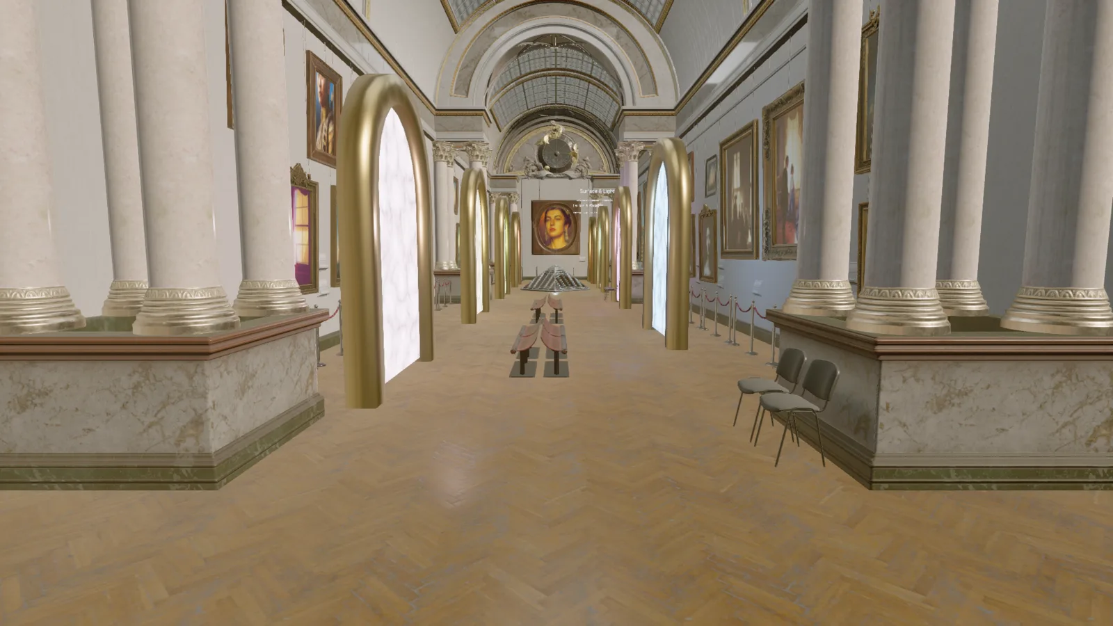 The finished hub hallway with upright glowing portal arches down both walls, one showing a readable floating text label reading 'Surface & Light' near it.