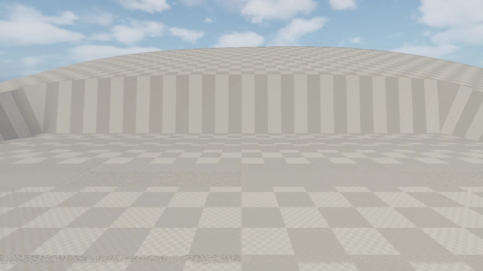 A close, low-angle view of rolling terrain under a blue sky, with the entire ground surface rendered as a fine gray-and-white checkerboard pattern instead of a landscape texture.