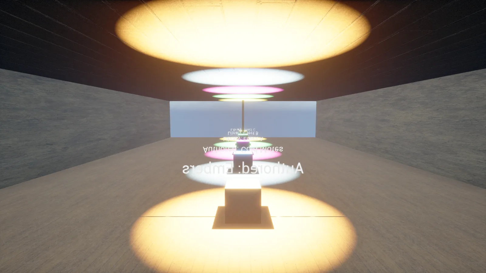 A camera looking almost straight down at a hall floor covered by a single word in huge backwards, upside-down white letters, with colored oval light pools above and below it.