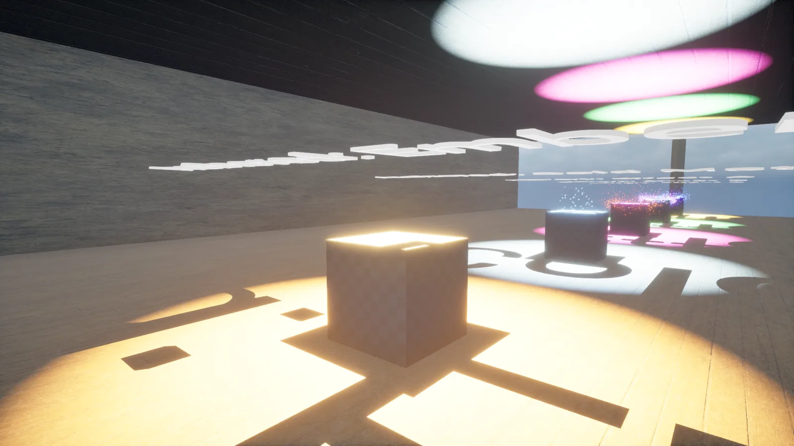A gray-and-white checkerboard-textured cube glows on a plinth in the foreground while, further down the hall, a second plinth shows visible sparkling white and pink-purple particles bursting upward; overhead text reads backwards.