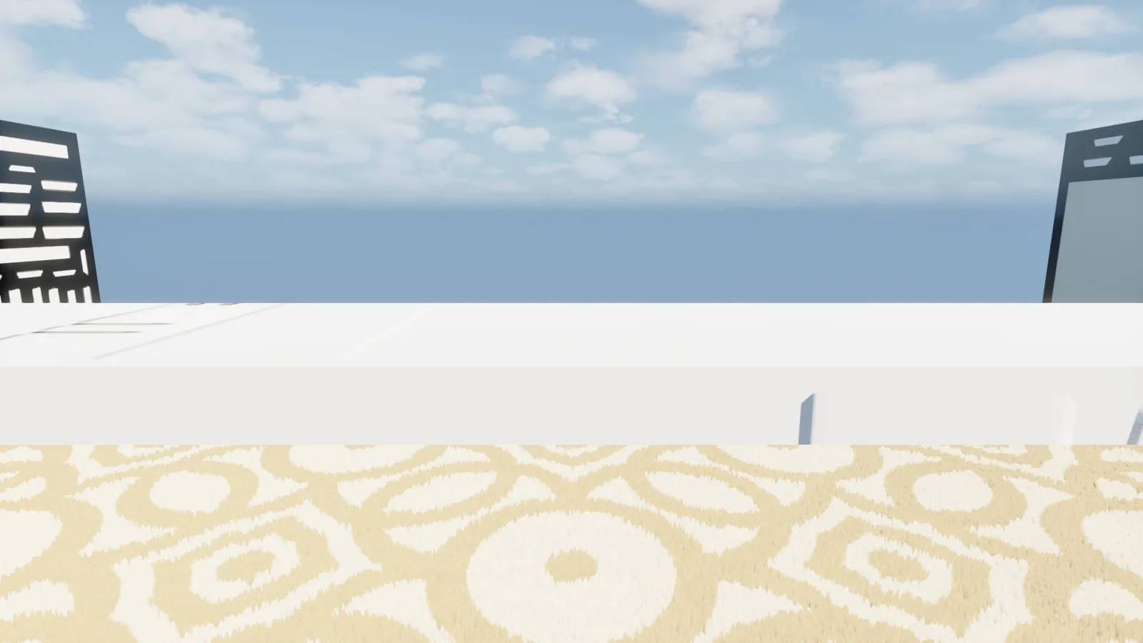 A washed-out white interior with a patterned cream carpet at the bottom of frame, blown-out white ceiling and wall panels in the middle, and open blue sky visible where a wall or window would normally be.