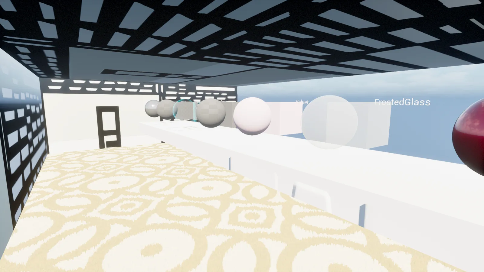 A full row of eight sphere-and-cube material pairs lined up on a white table under a black-and-gray coffered ceiling, with 'Velvet' and 'FrostedGlass' text labels visible and open sky beyond the table's far edge.
