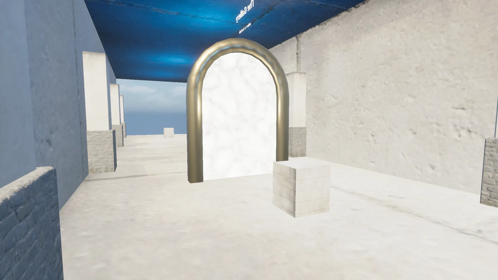 A glowing white portal archway stands next to a small stone plinth on a pale sandy floor, with backwards, mirrored white text visible on the blue ceiling above.