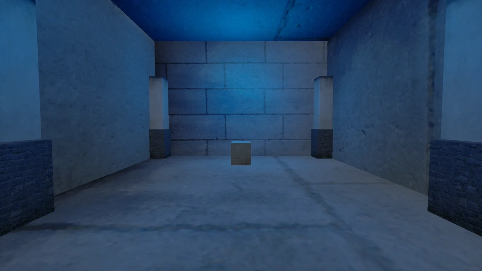 A dim, deep-blue-tinted stone corridor now ends in a solid stone wall between two square columns, with a small pale cube-shaped plinth glowing faintly alone on the floor in the center.