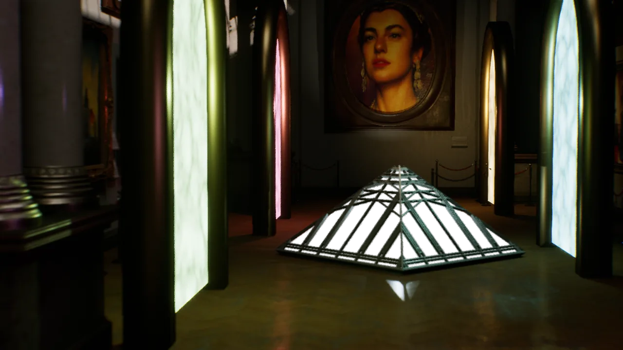 A moodily lit museum hall with pink and pale-green glowing portal arches on either side, a metal pyramid centerpiece on the floor, and a framed portrait of a woman on the back wall.
