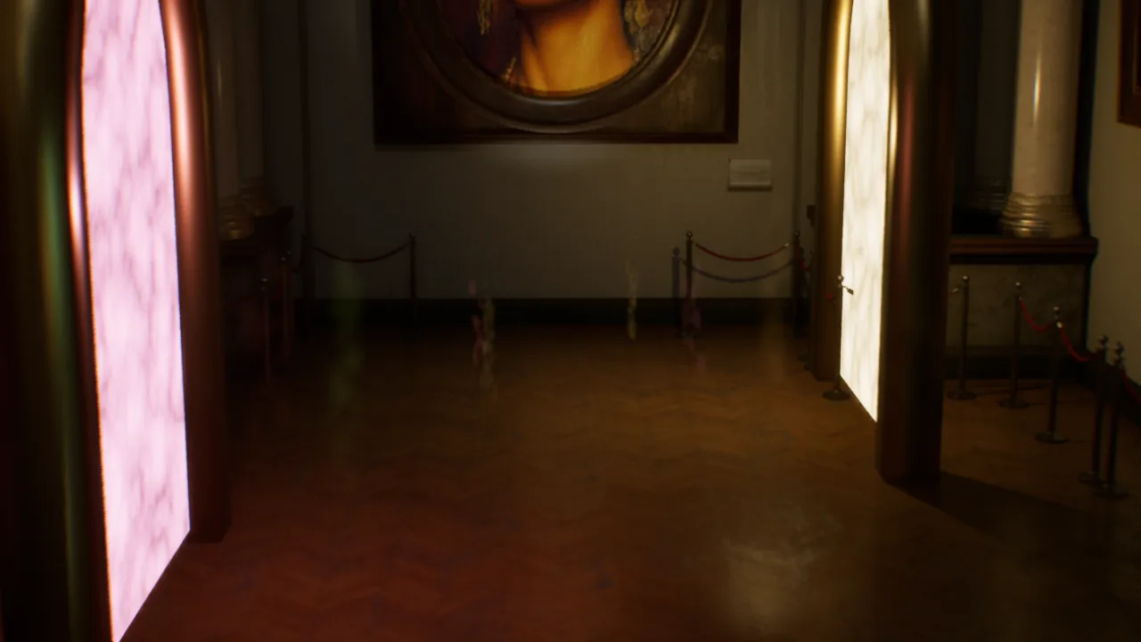 A low, floor-level view down the gallery hall between two glowing pink and white portal arches, with faint colored streaks of motion blur near the center of the frame and a portrait visible on the back wall.
