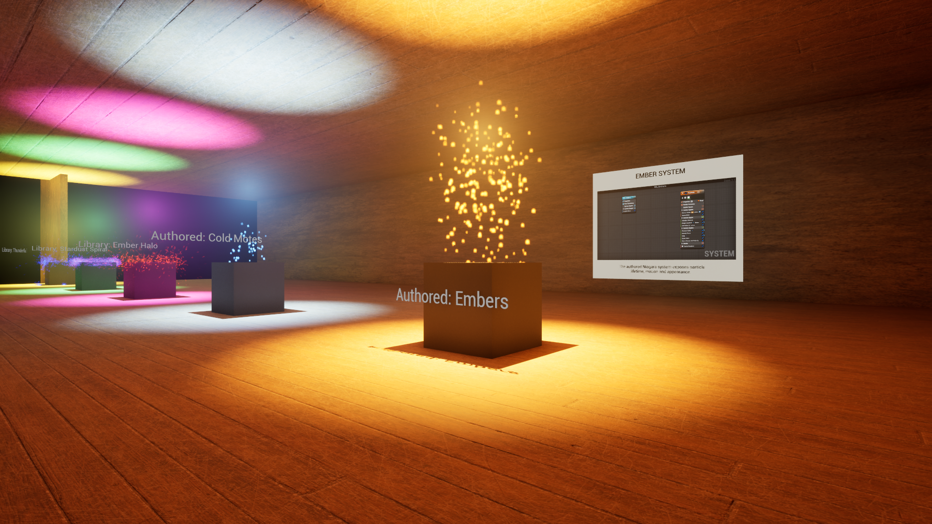 A tall orange particle plume rises above a plinth labeled Authored: Embers, beside its system graph and neighboring blue and red effects.