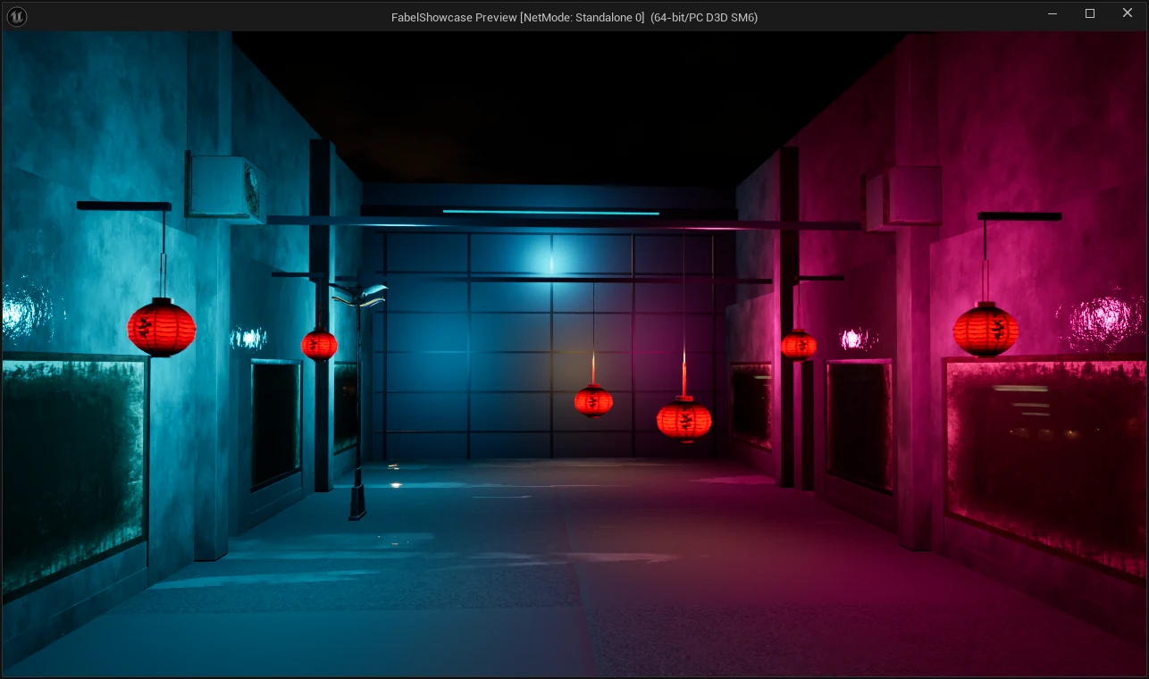 A cyan-and-magenta alley lined with red lanterns on visible wall brackets and overhead supports.