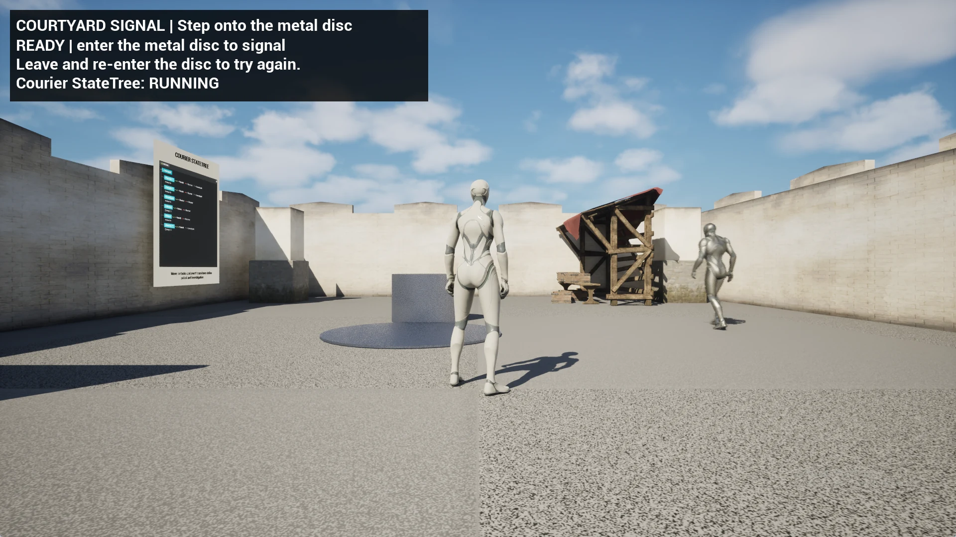 A mannequin faces a stone courtyard while a courier walks at right and a dark HUD reads Courier StateTree: RUNNING.