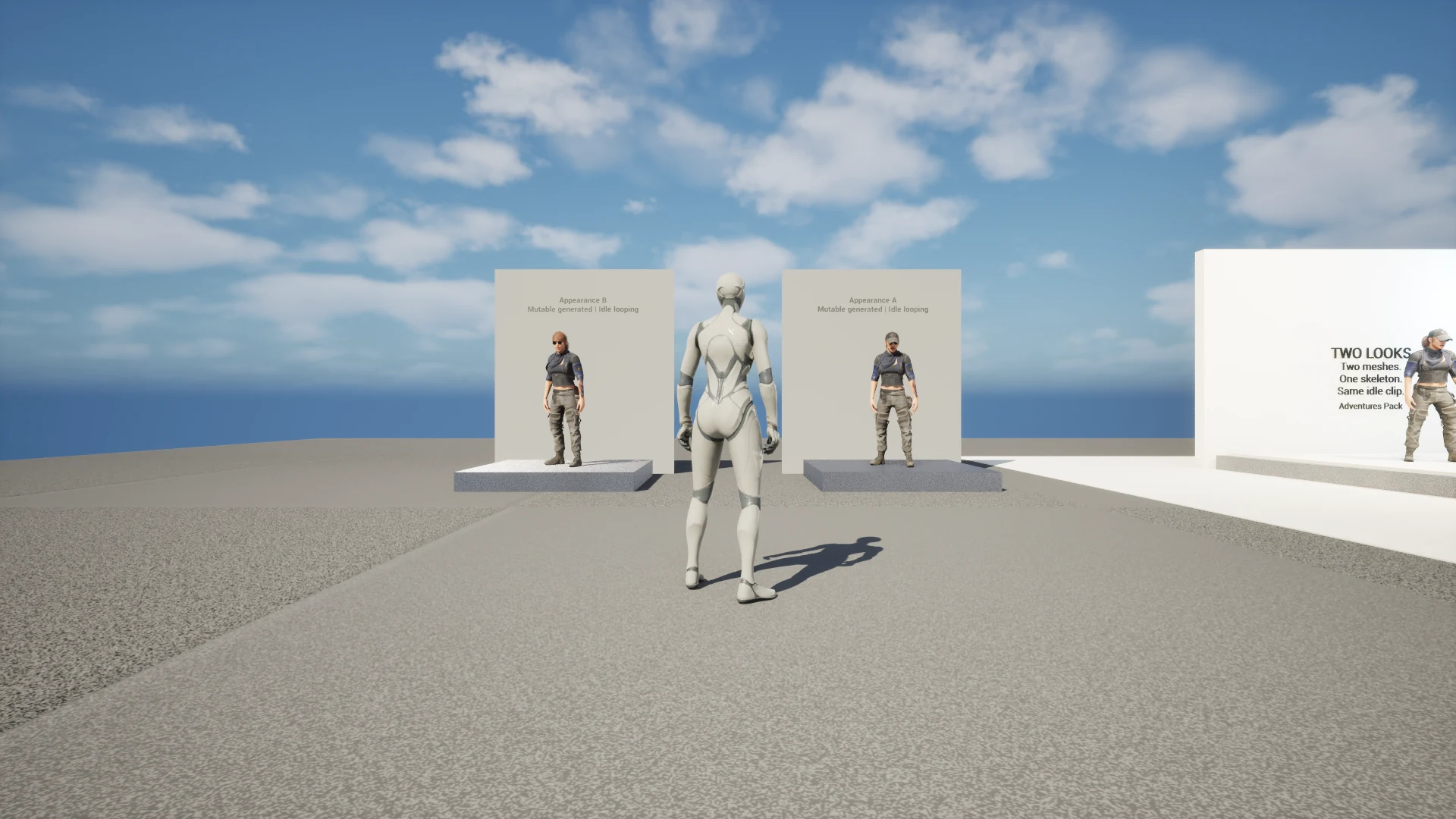 Two different clothed characters stand on labeled plinths, each reporting Mutable generated and Idle looping.