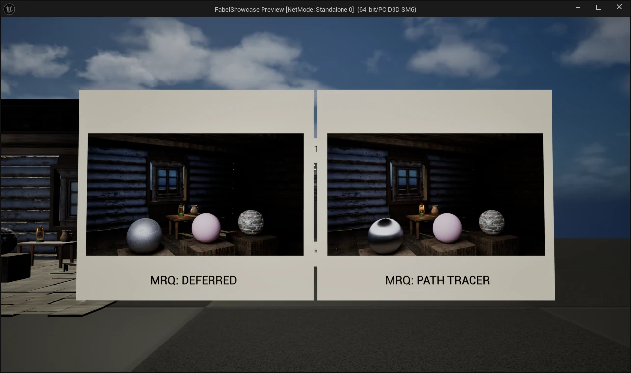 Two mounted images of the same cabin and material spheres are labeled MRQ: Deferred and MRQ: Path Tracer.