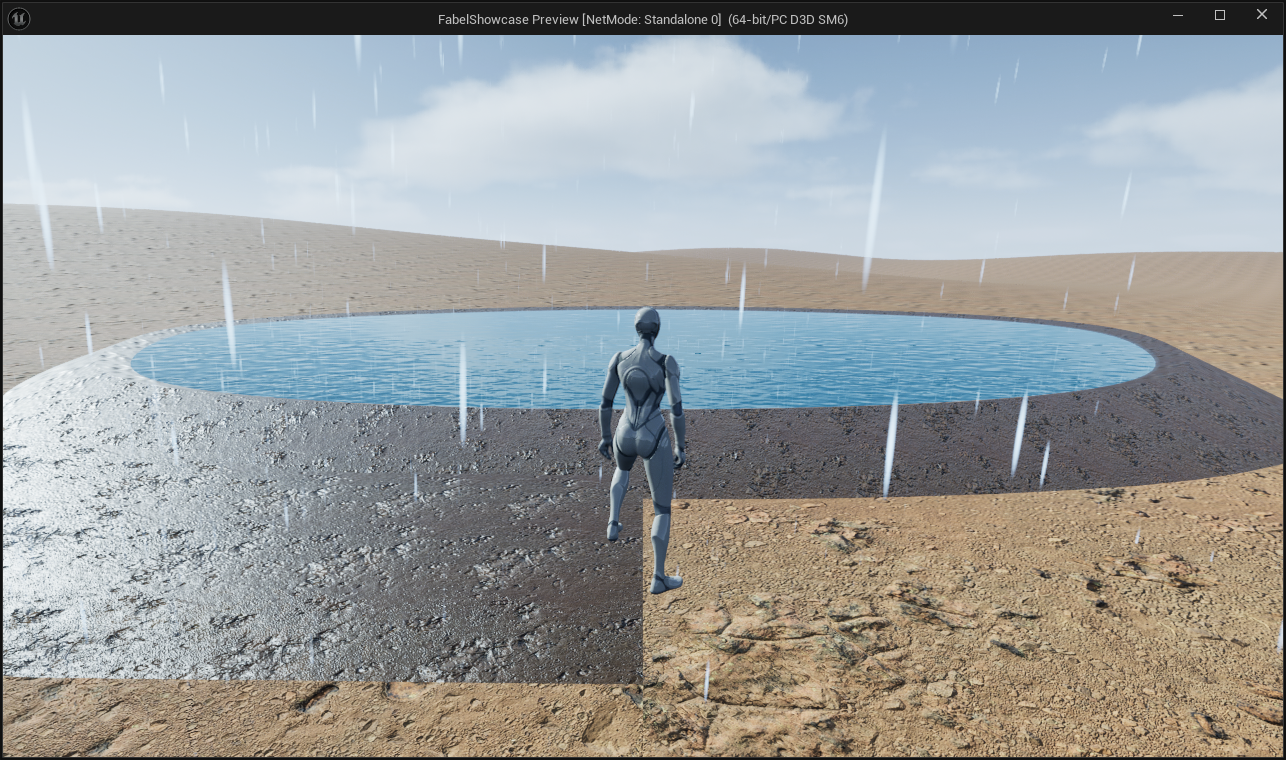 Rain falls over a sandy landscape, dark textured path and blue pond with a curved bank.
