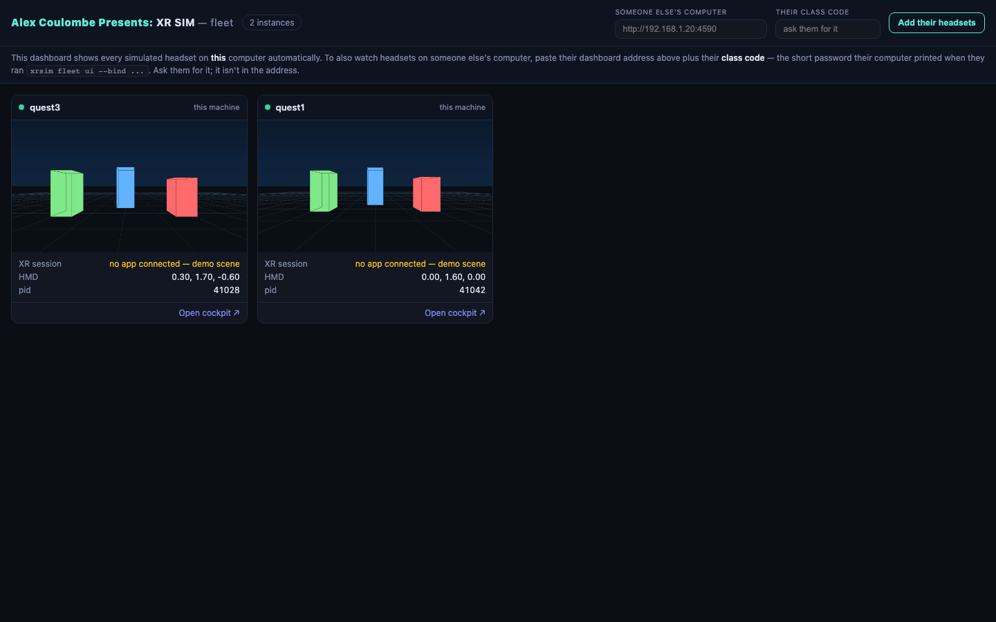 xrsim's fleet dashboard showing two simulated headsets running side by side