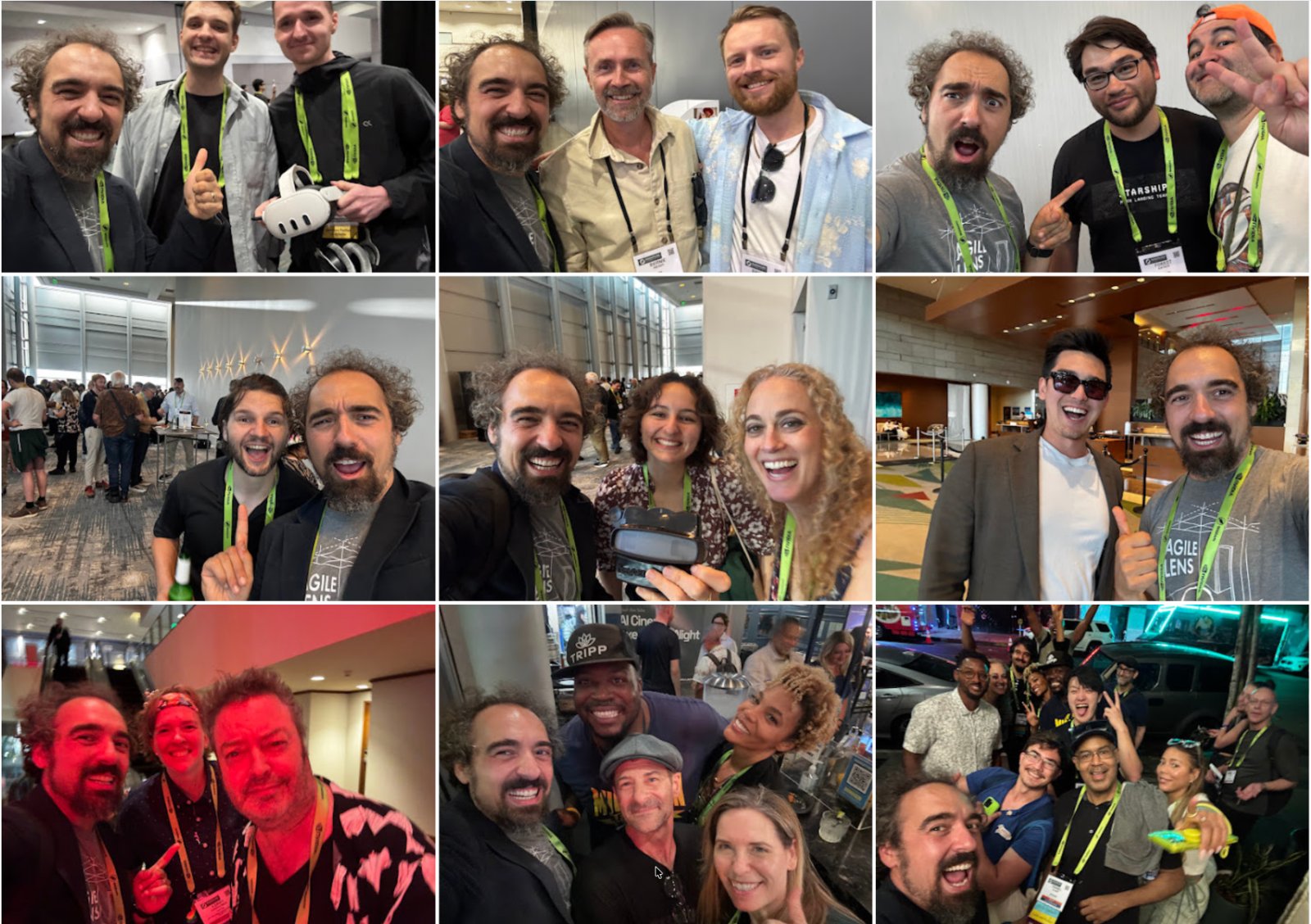 Second collage of selfies from SIGGRAPH 2026, including one holding a Meta Quest headset and a big nighttime group photo